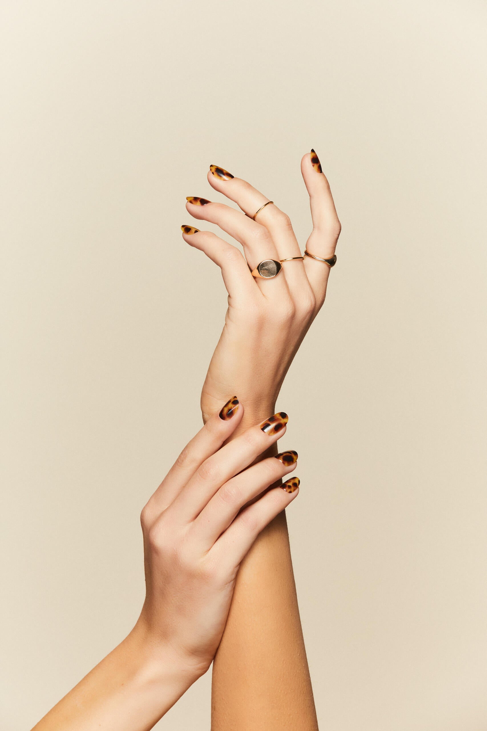 Cat's Meow tortoiseshell pattern press-on nails by Mani Muse, close-up hand shot.
