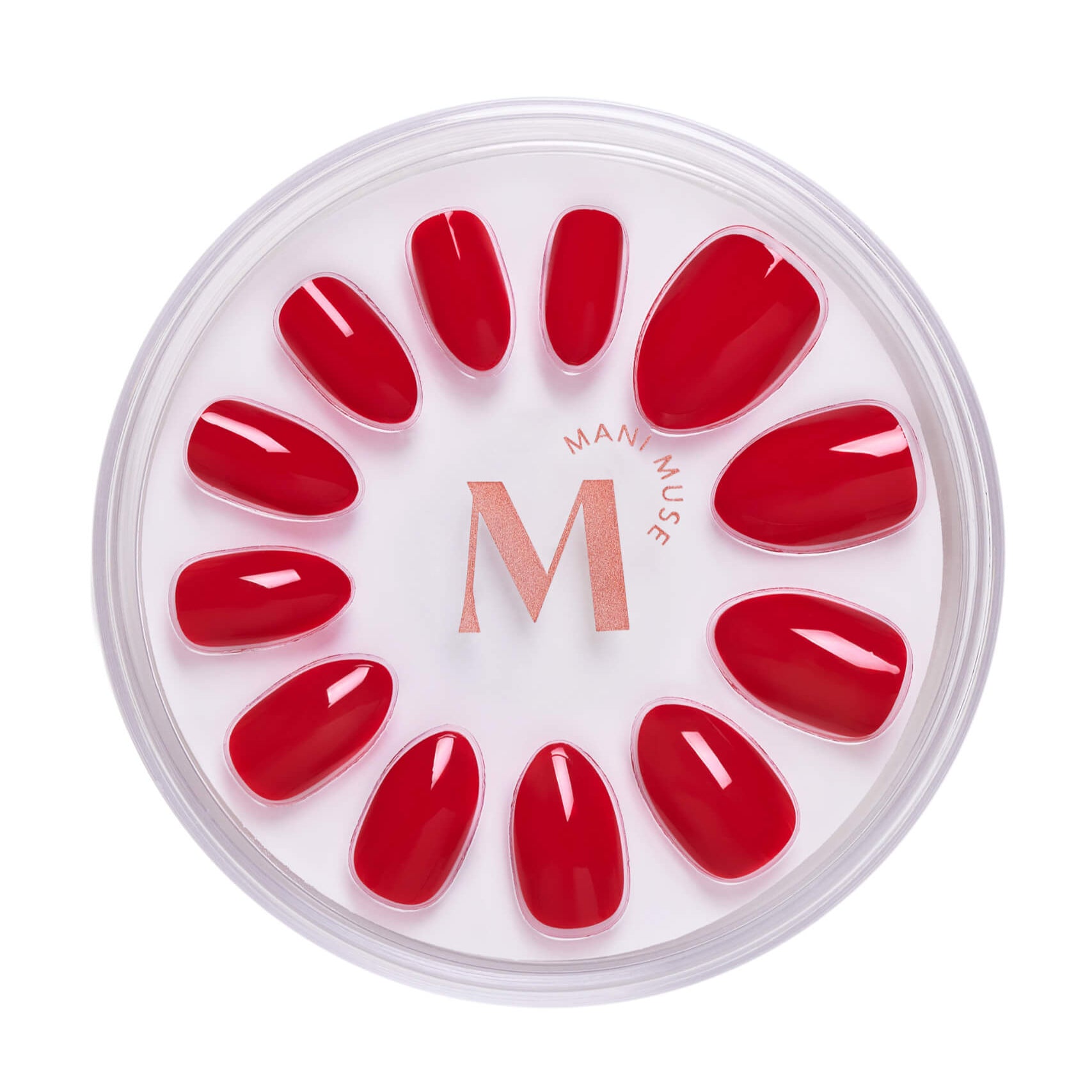 Caught Red Handed red almond press-on nails by Mani Muse, on white background.
