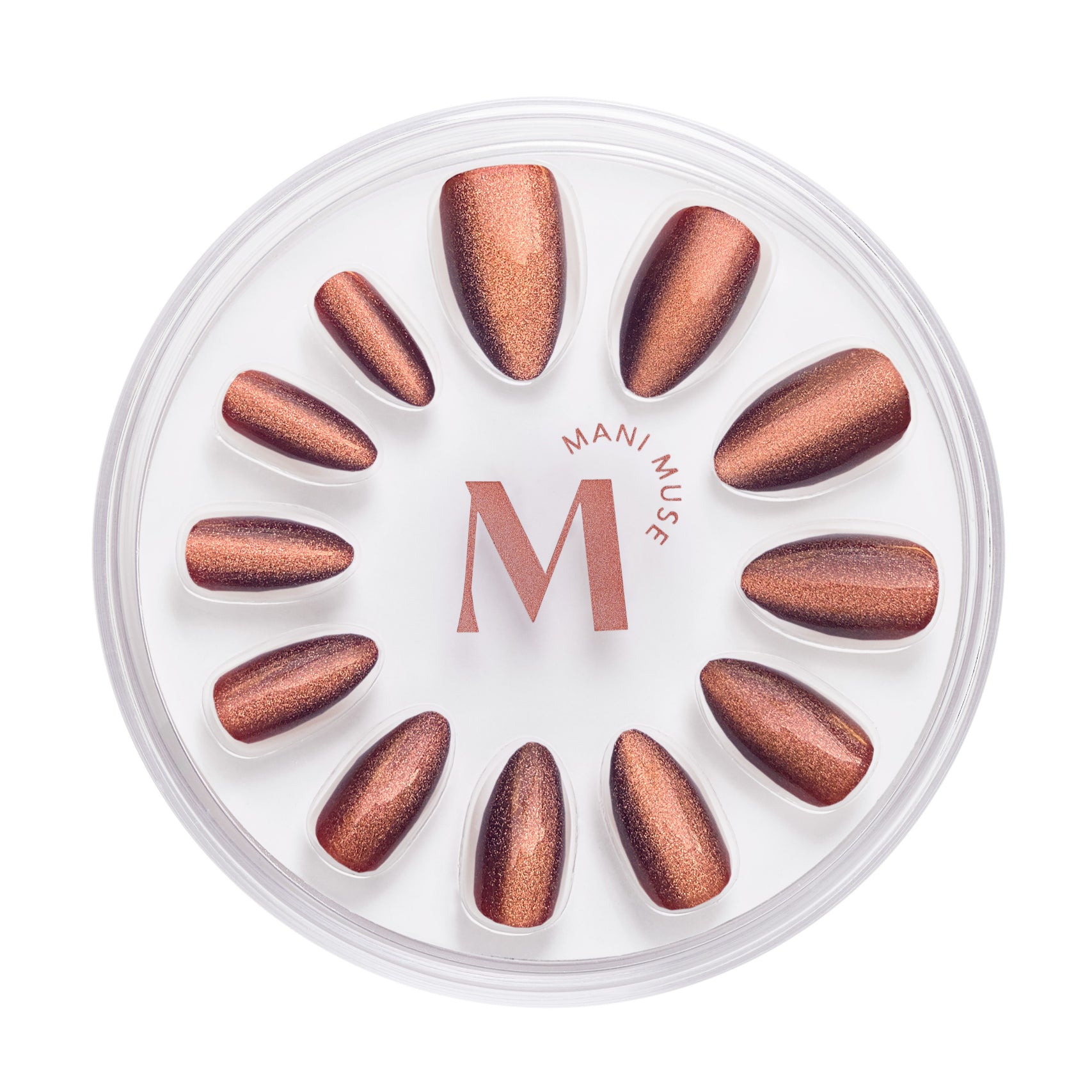 Nail Flex ’N Chill bronzed cat-eye press-on nails by Mani Muse, on white background.