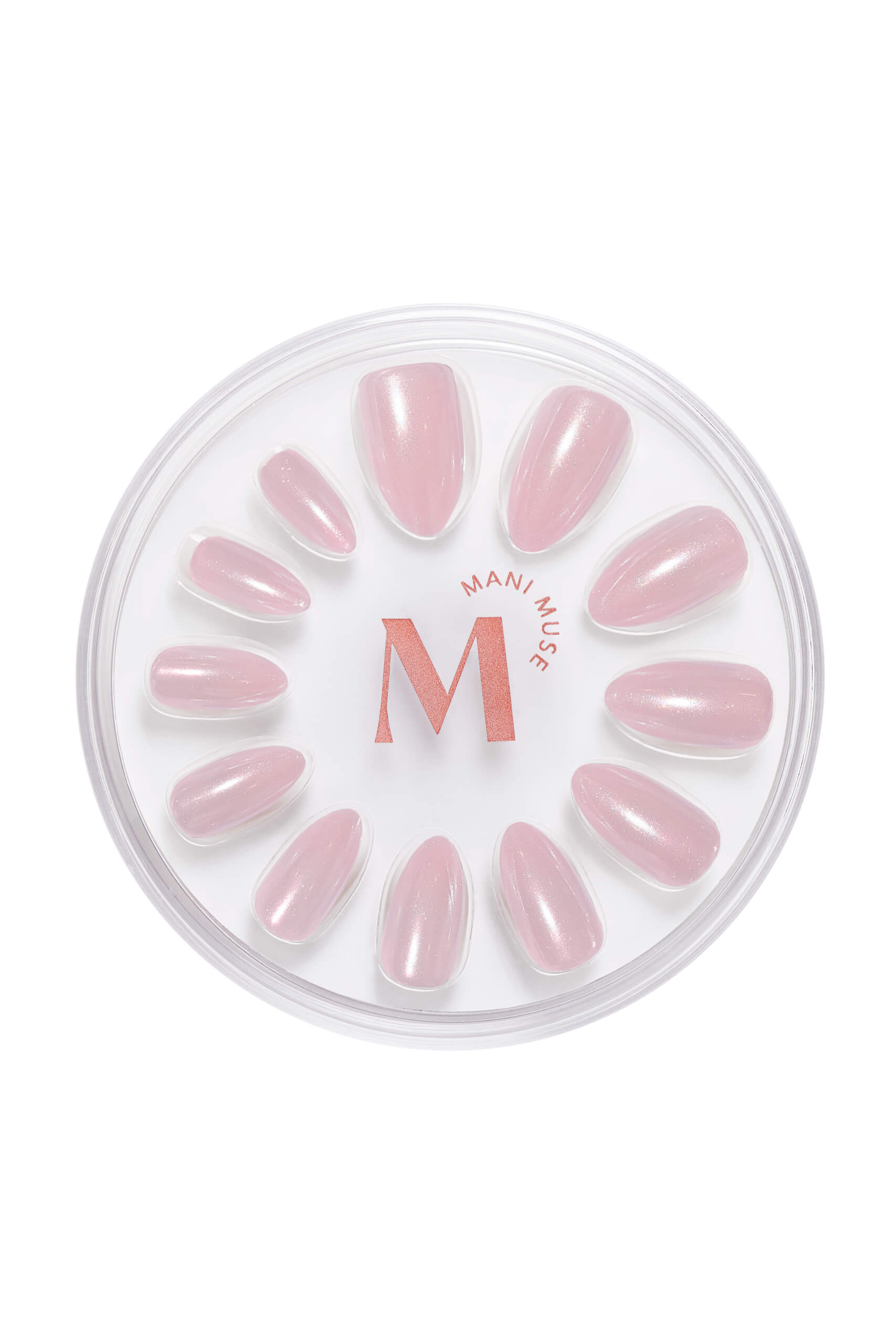 Strawberry Glazed, Ain't Phased strawberry pink glazed press-on nails by Mani Muse, on white background.