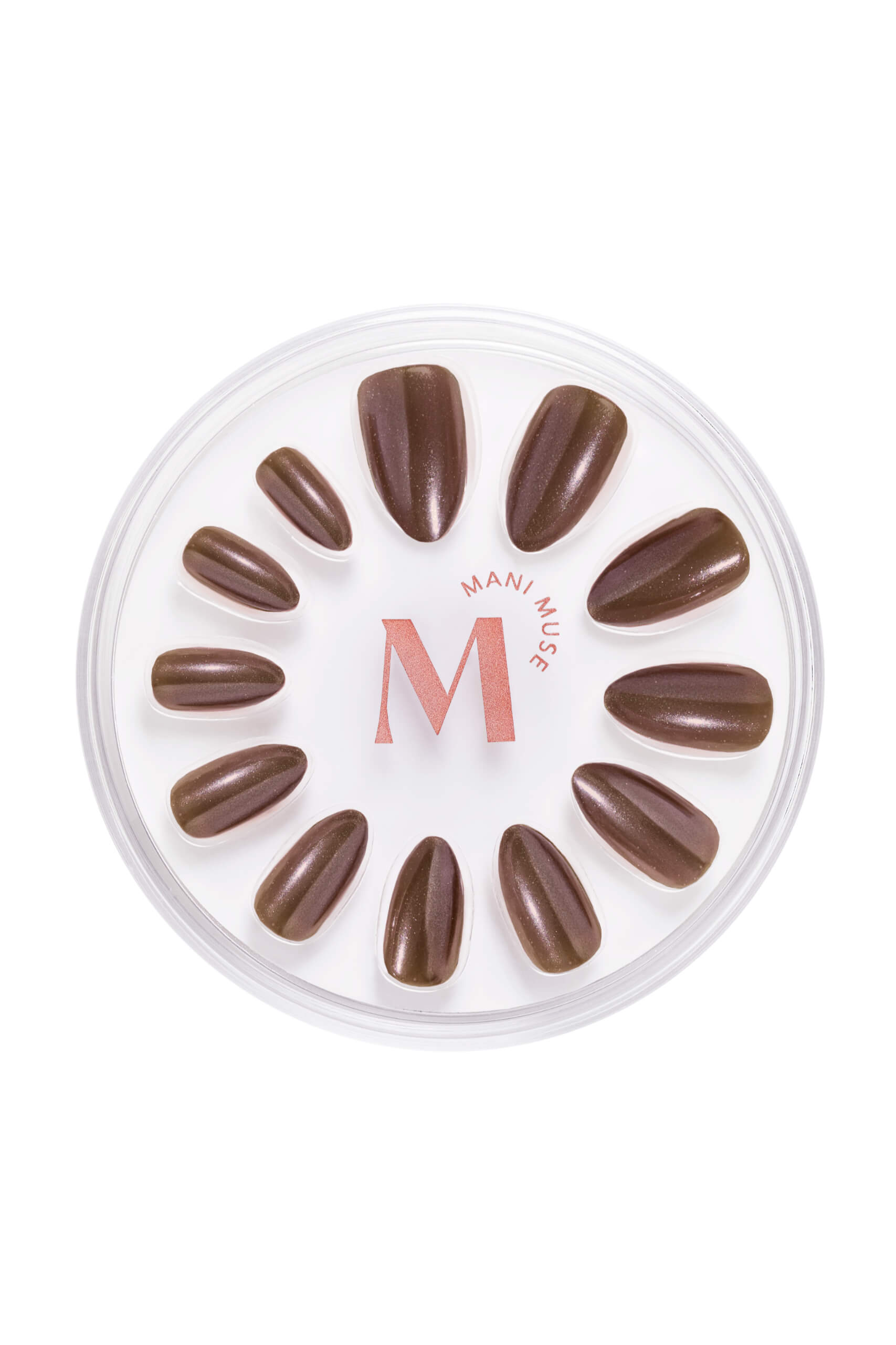 You Choco-alot chocolate brown glazed press-on nails by Mani Muse, on white background.