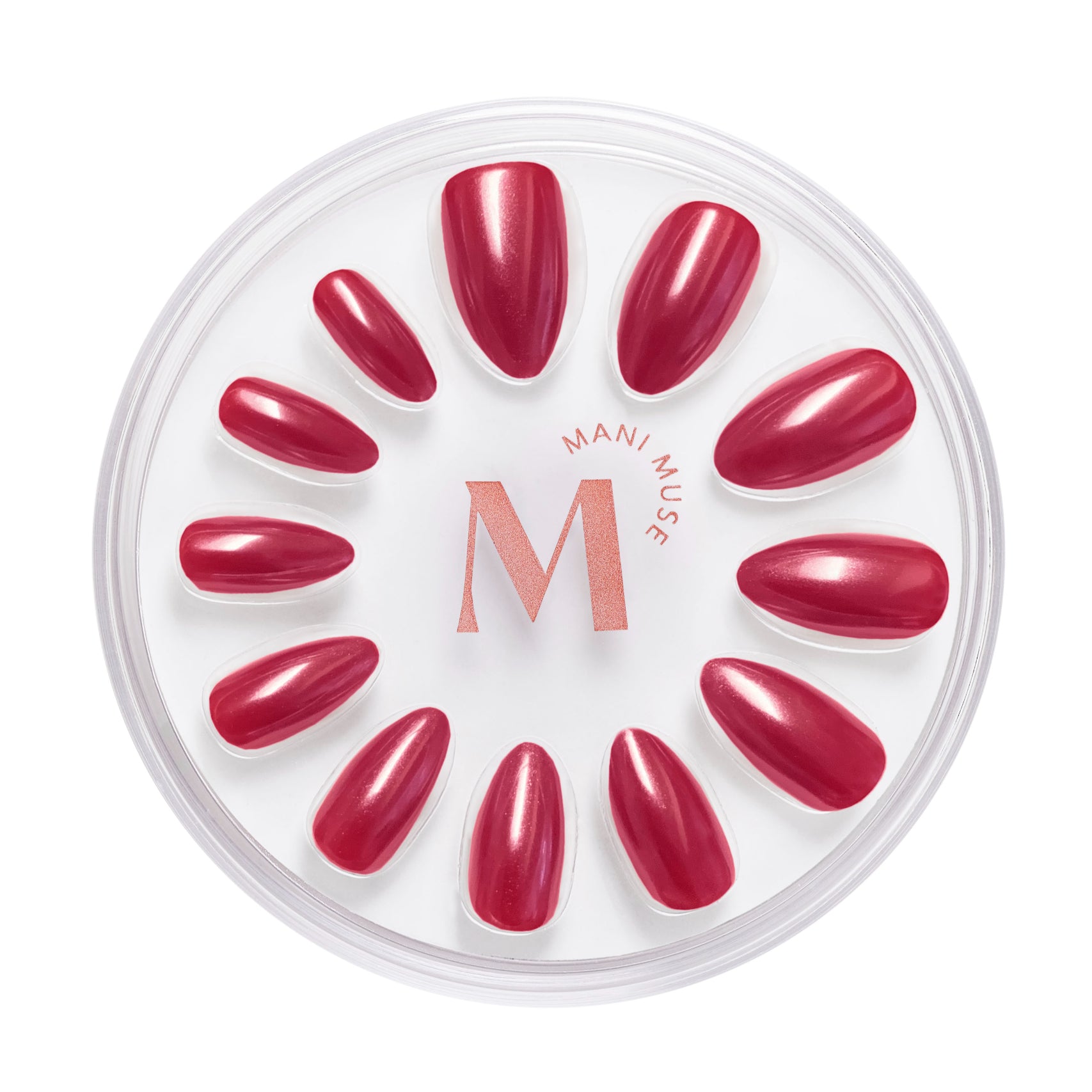 Drop Dead Red, rhubarb red press-on nails by Mani Muse, on white background.