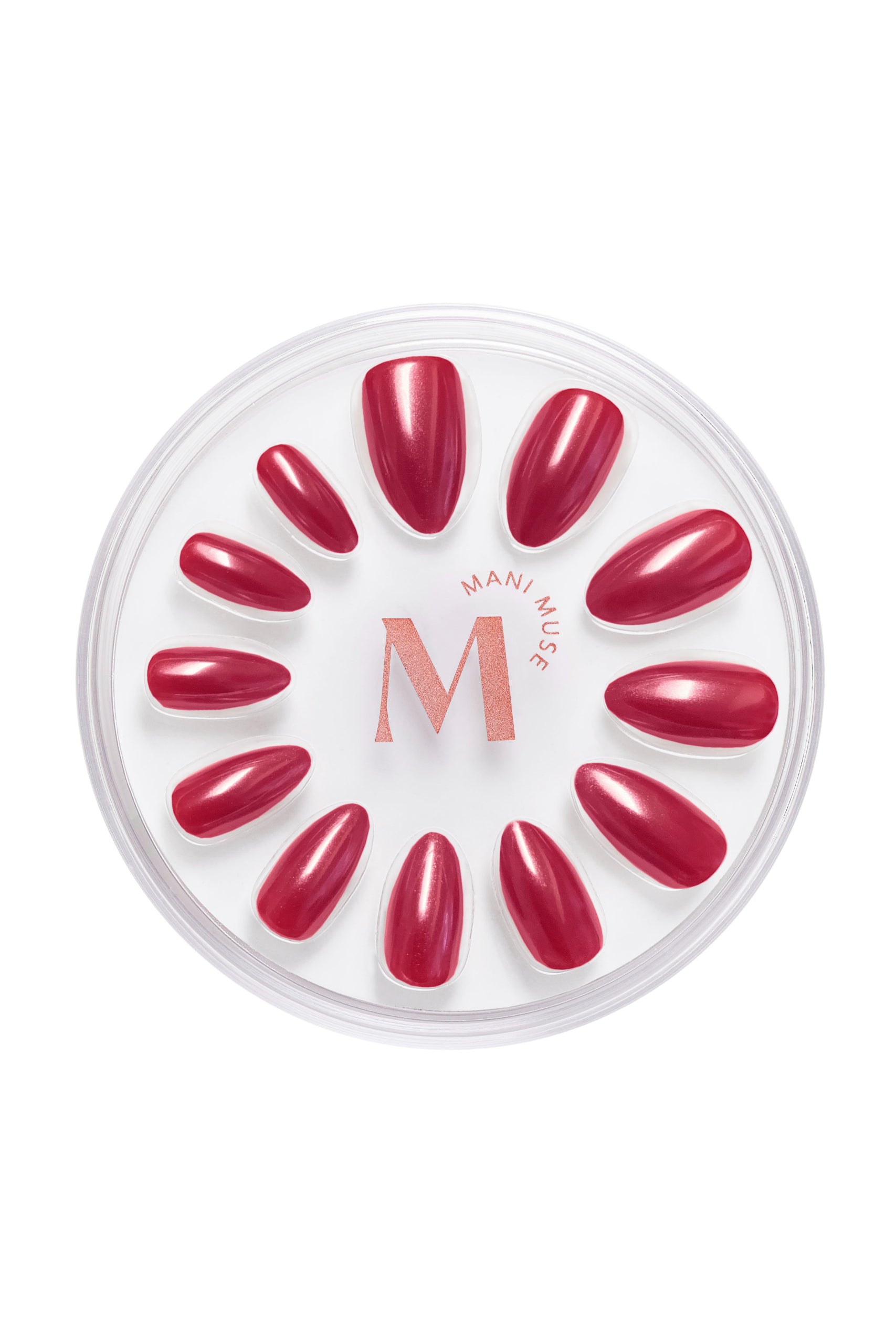 Drop Dead Red, rhubarb red press-on nails by Mani Muse, on white background.