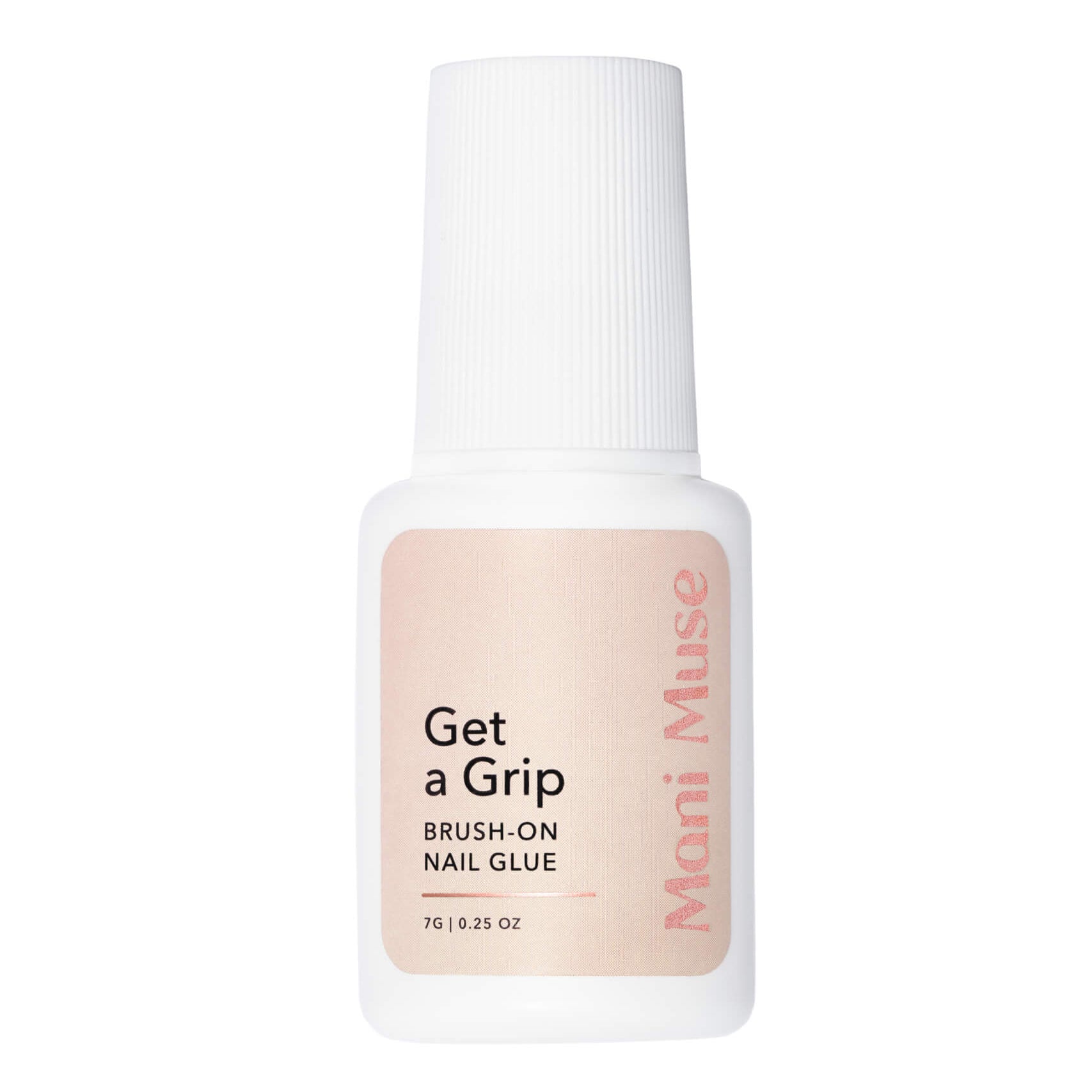 Get a Grip nail glue by Mani Muse on white background. Ultra-strong brush-on adhesive for press-on nails and nail art.
