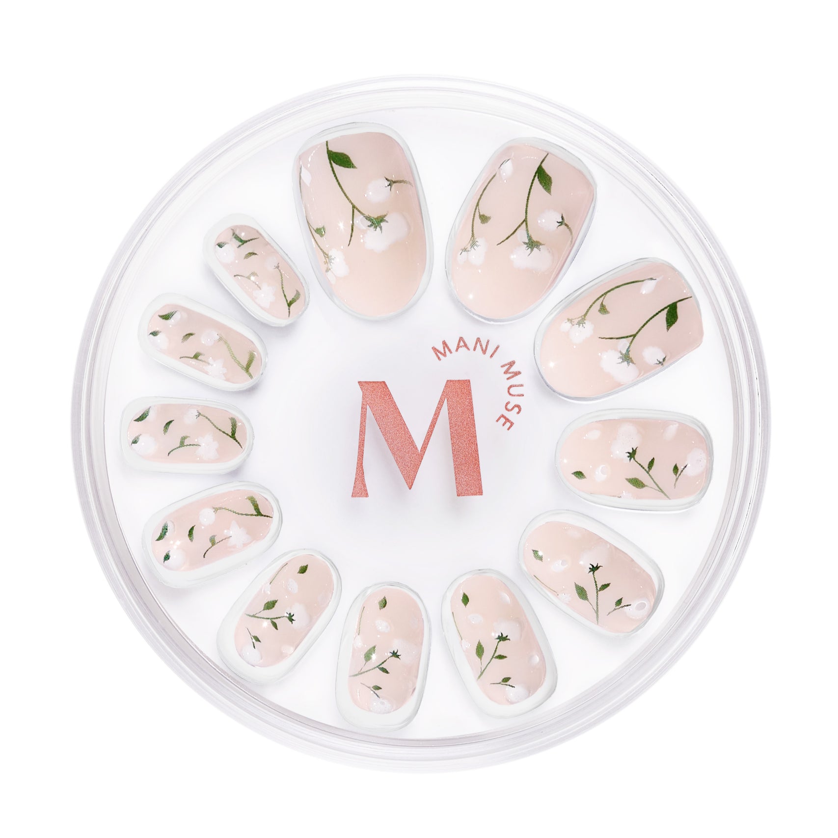 Growing with the Flow nude press-on nails with 3D petals by Mani Muse, on white background.