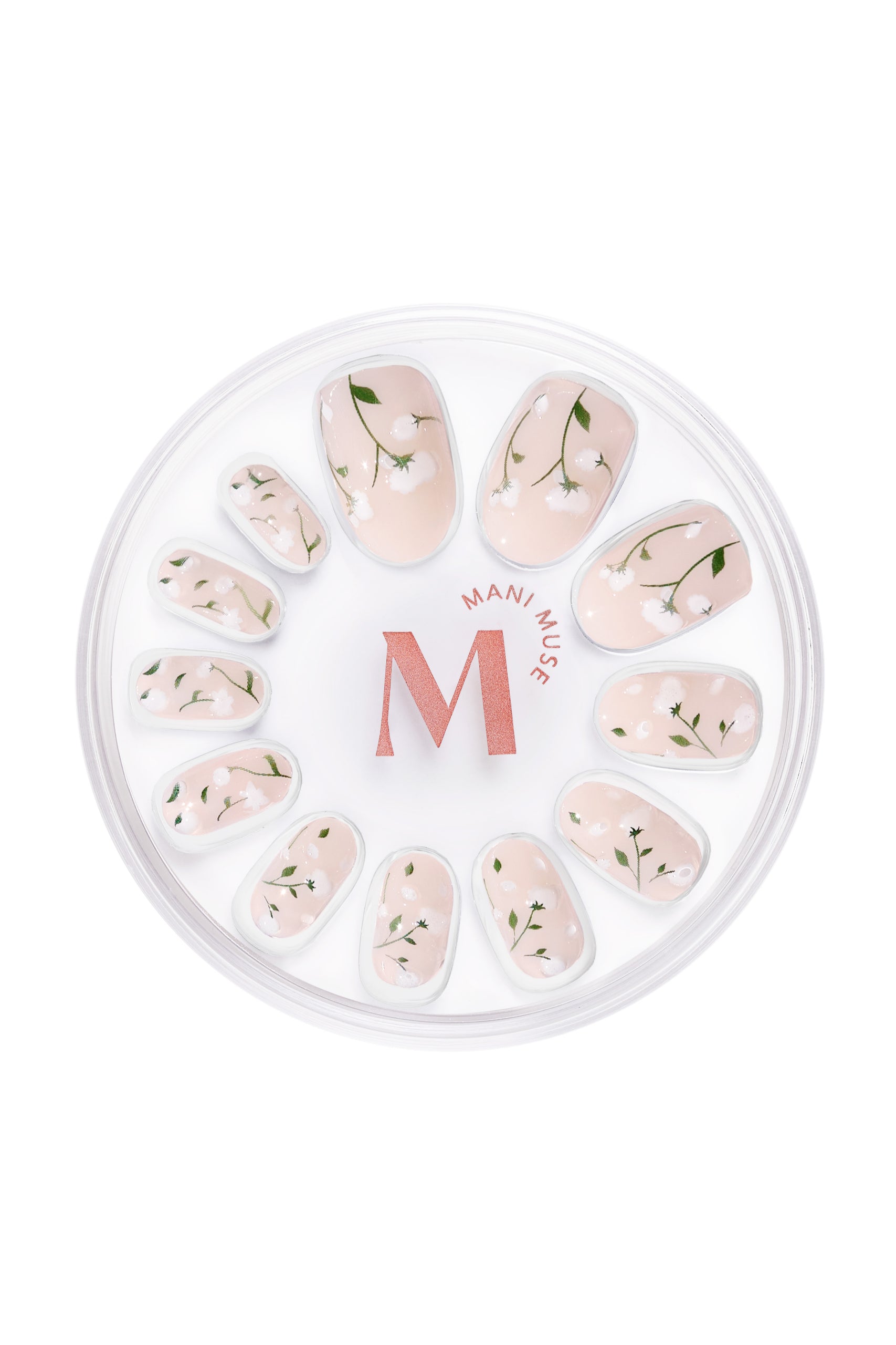 Growing with the Flow nude press-on nails with 3D petals by Mani Muse, on white background.