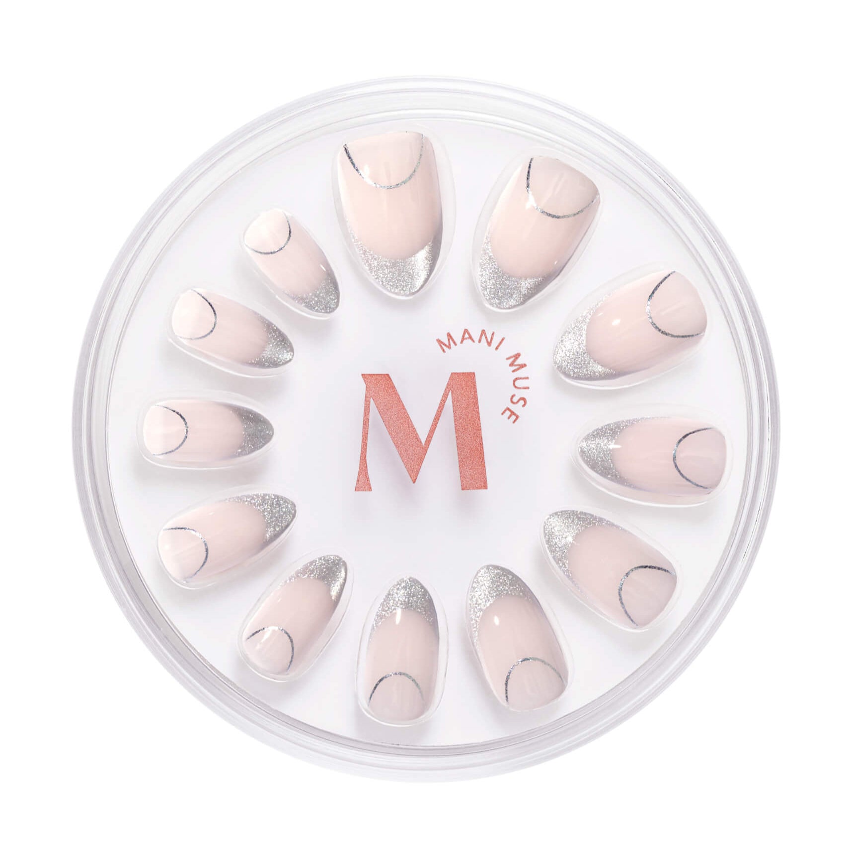 It's The Little Blings silver cat-eye french with chrome press-on nails by Mani Muse, on white background.