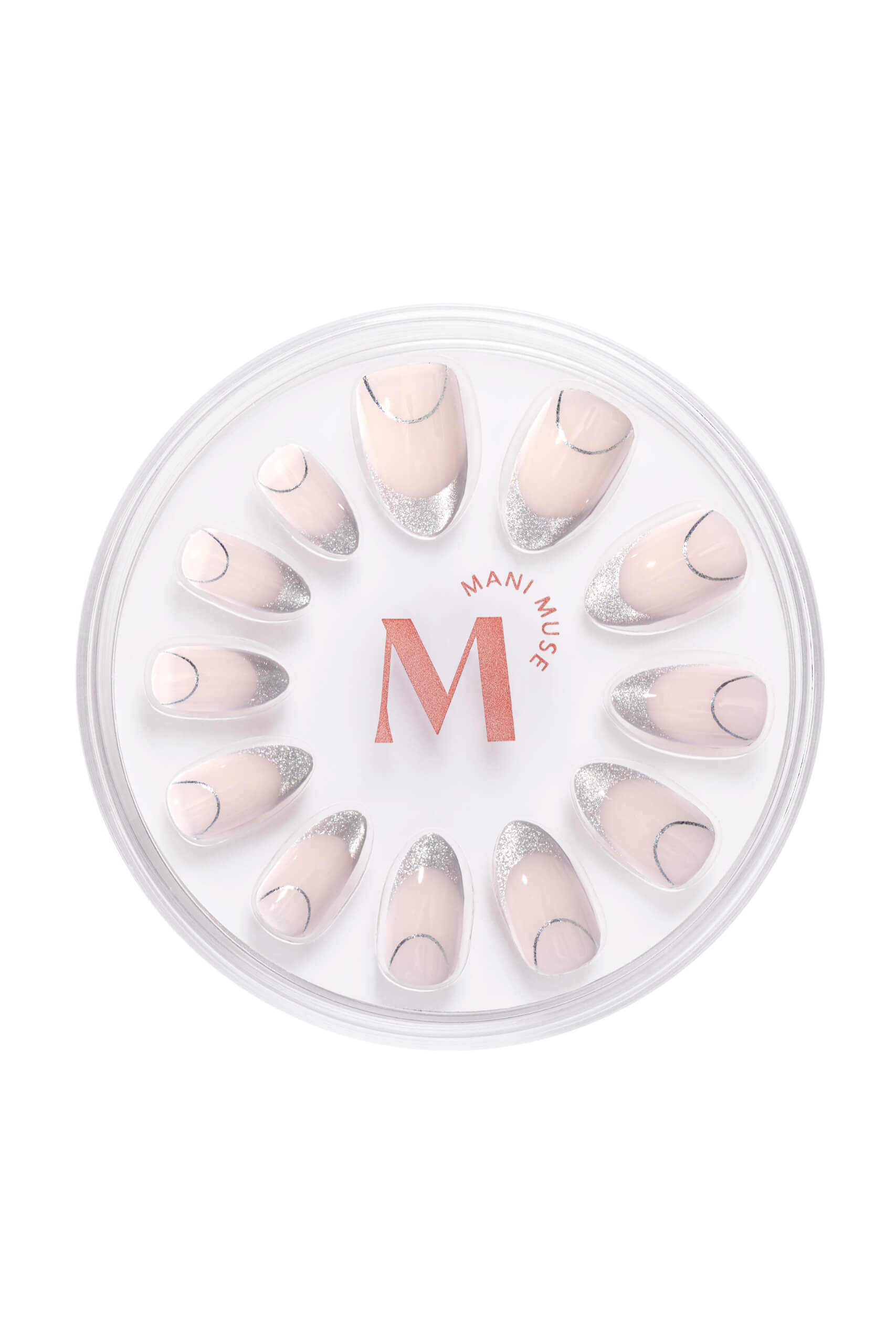 It's The Little Blings silver cat-eye french with chrome press-on nails by Mani Muse, on white background.