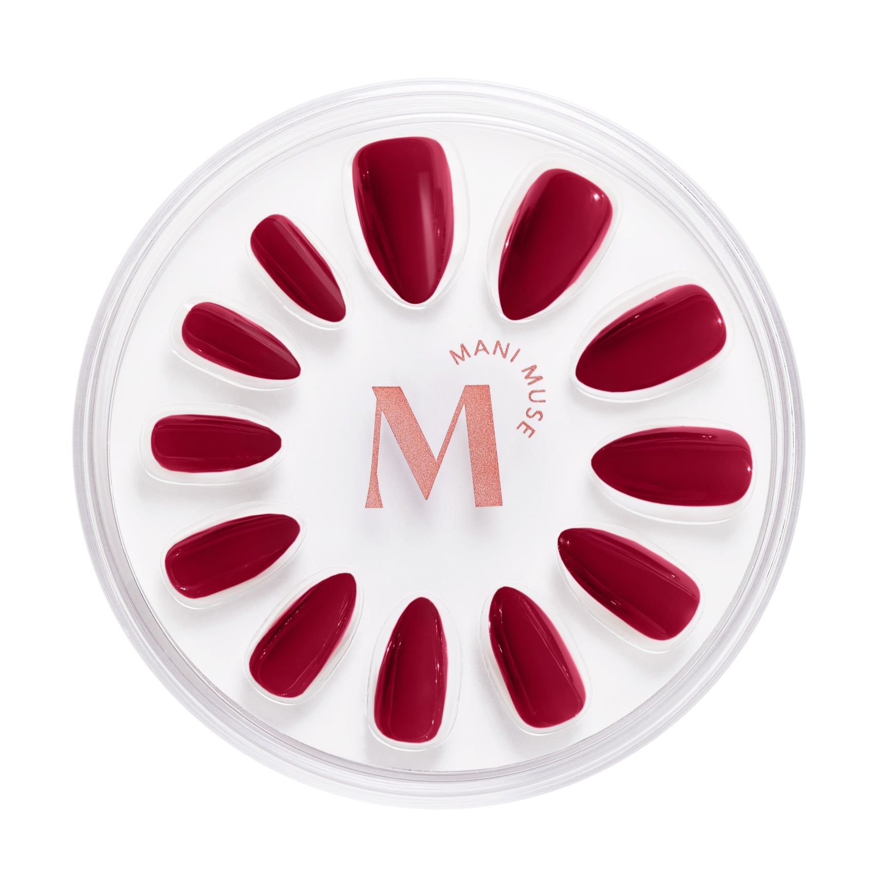 Jam Sesh rhubarb red press-on nails by Mani Muse, on white background.