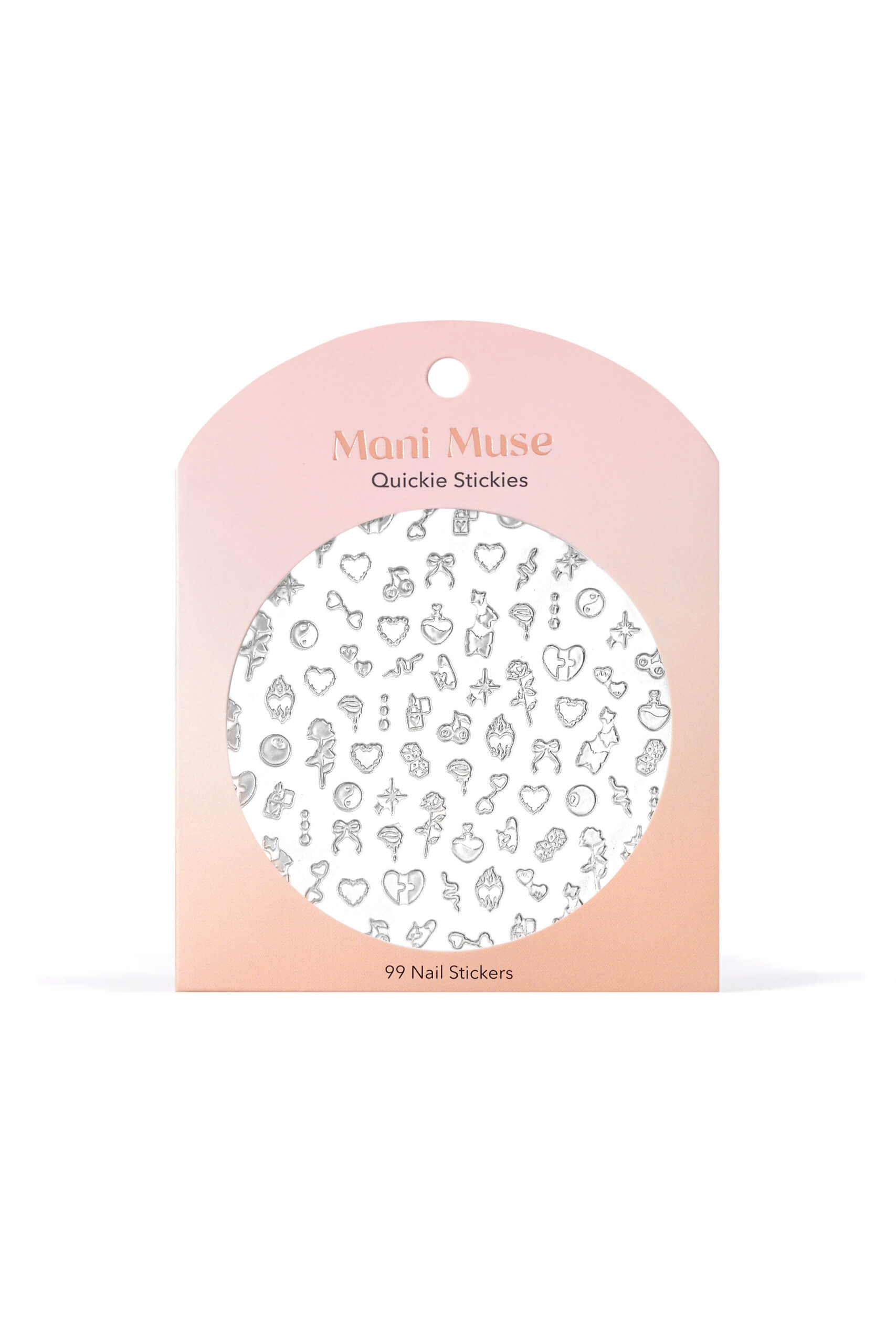 Kill Em with Chrome silver chrome hearts, bows, charms nail art stickers by Mani Muse, on white background.