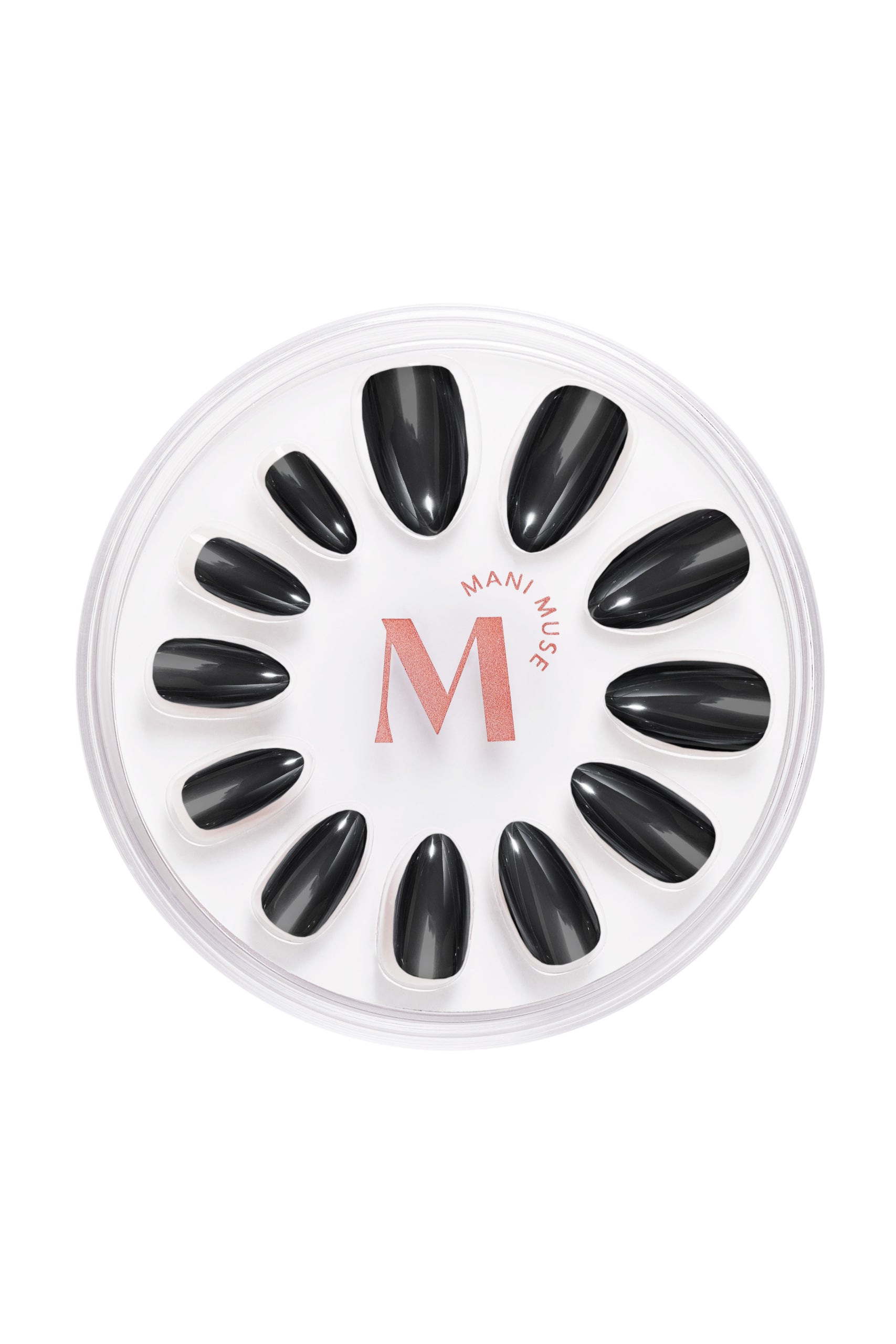 Midnight Night Cap black with pearl gloss press-on nails by Mani Muse, on white background.