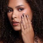 Nail Flex 'N Chill bronze cat-eye press-on nails by Mani Muse, close-up on model.