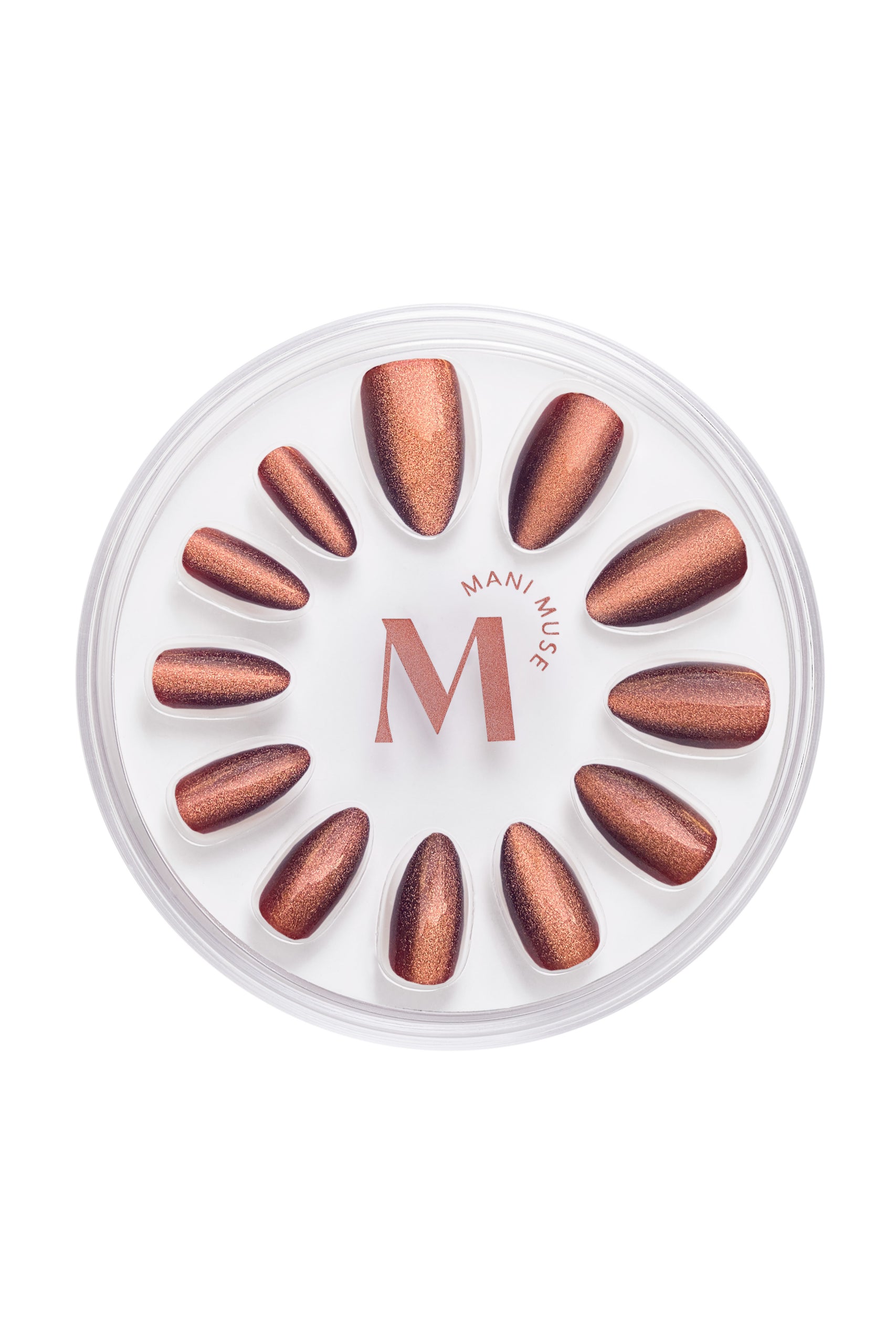 Nail Flex ’N Chill bronzed cat-eye press-on nails by Mani Muse, on white background.