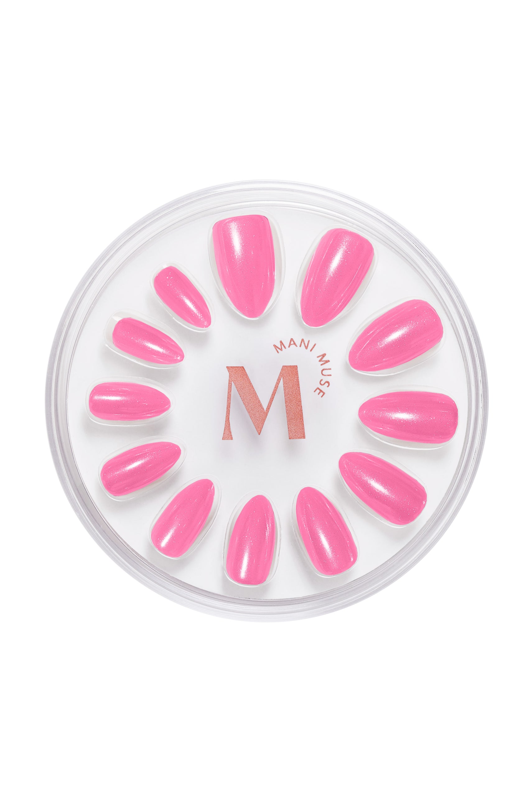 Pink To Make 'Em Wink hot pink glazed press-on nails by Mani Muse, on white background.