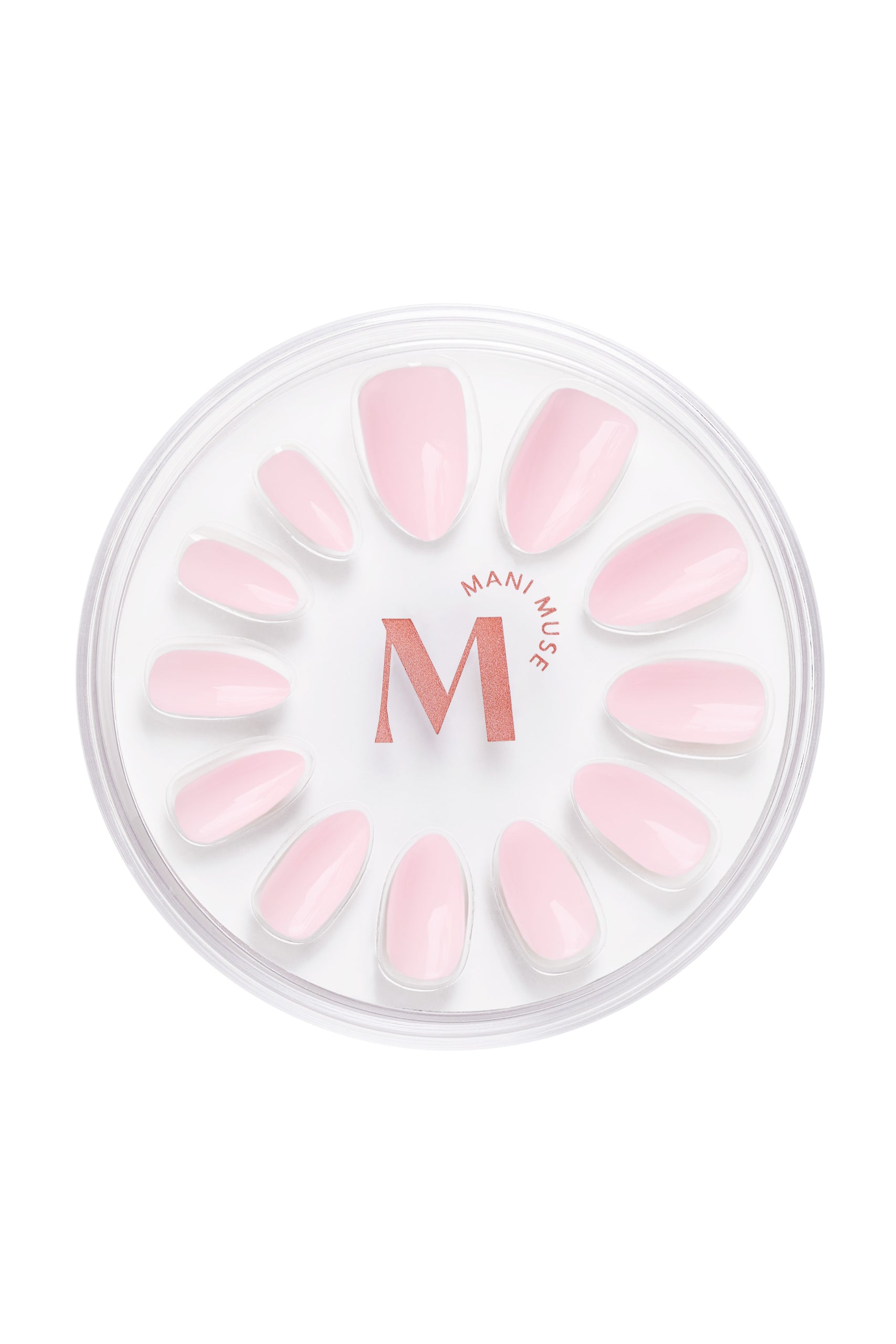 Powder Room Chic powder pink press-on nails by Mani Muse, on white background.