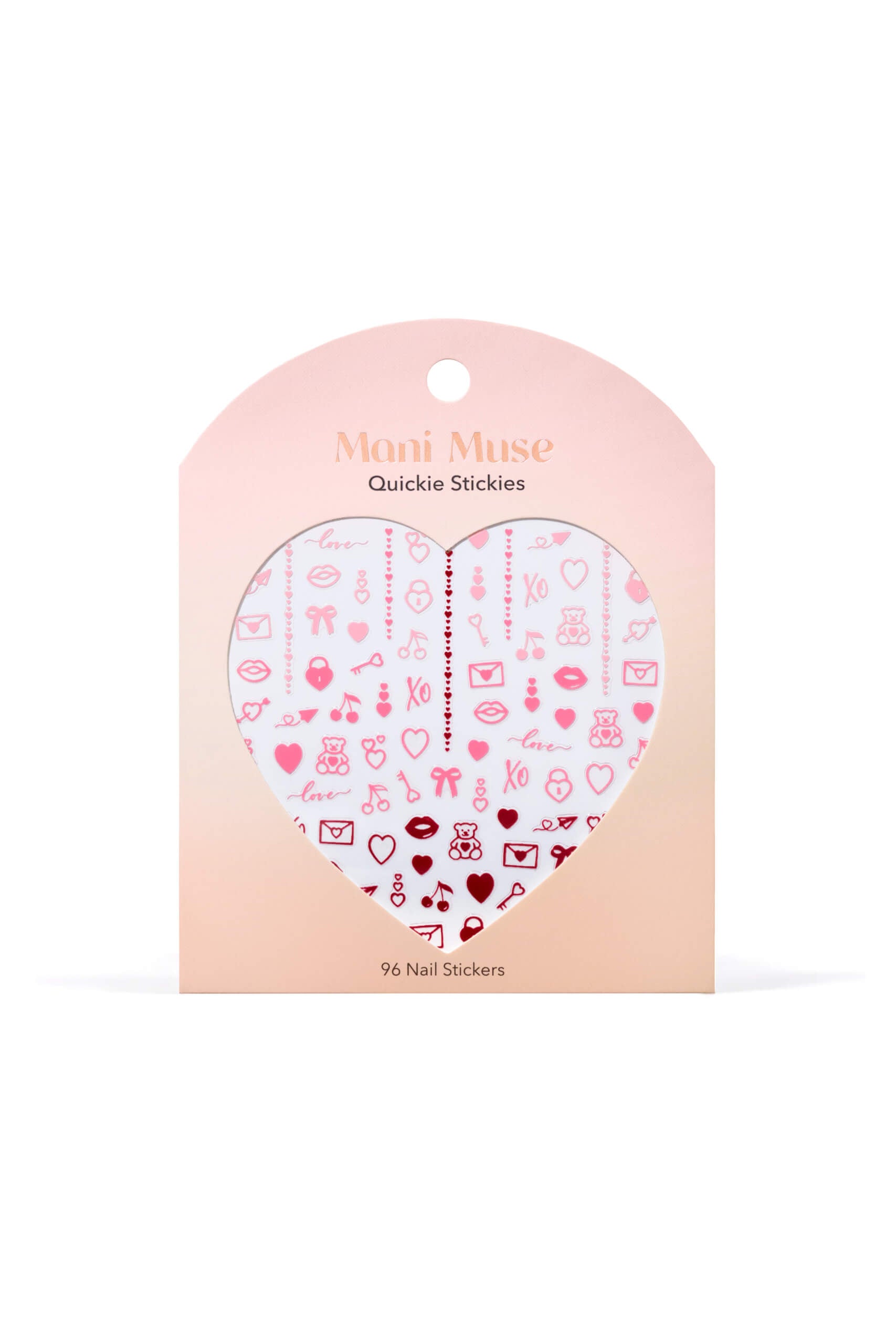 Smitten Mitten Valentines icons: hearts, cherries, bows nail art stickers by Mani Muse, on white background.
