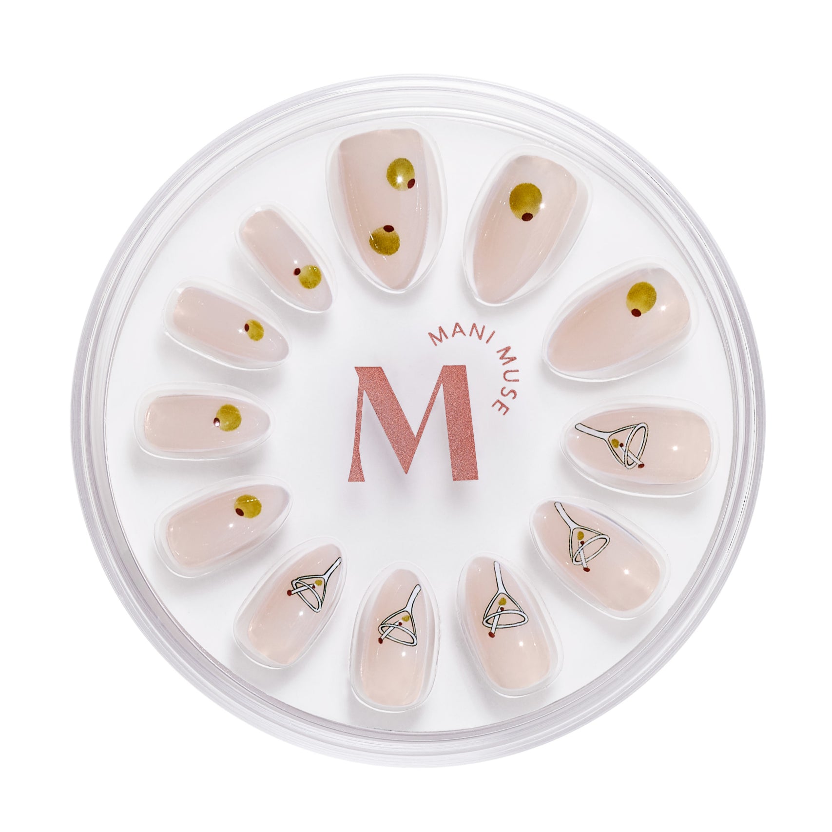Tini Bit Tipsy nude press-on nails with martini art by Mani Muse, on white background.