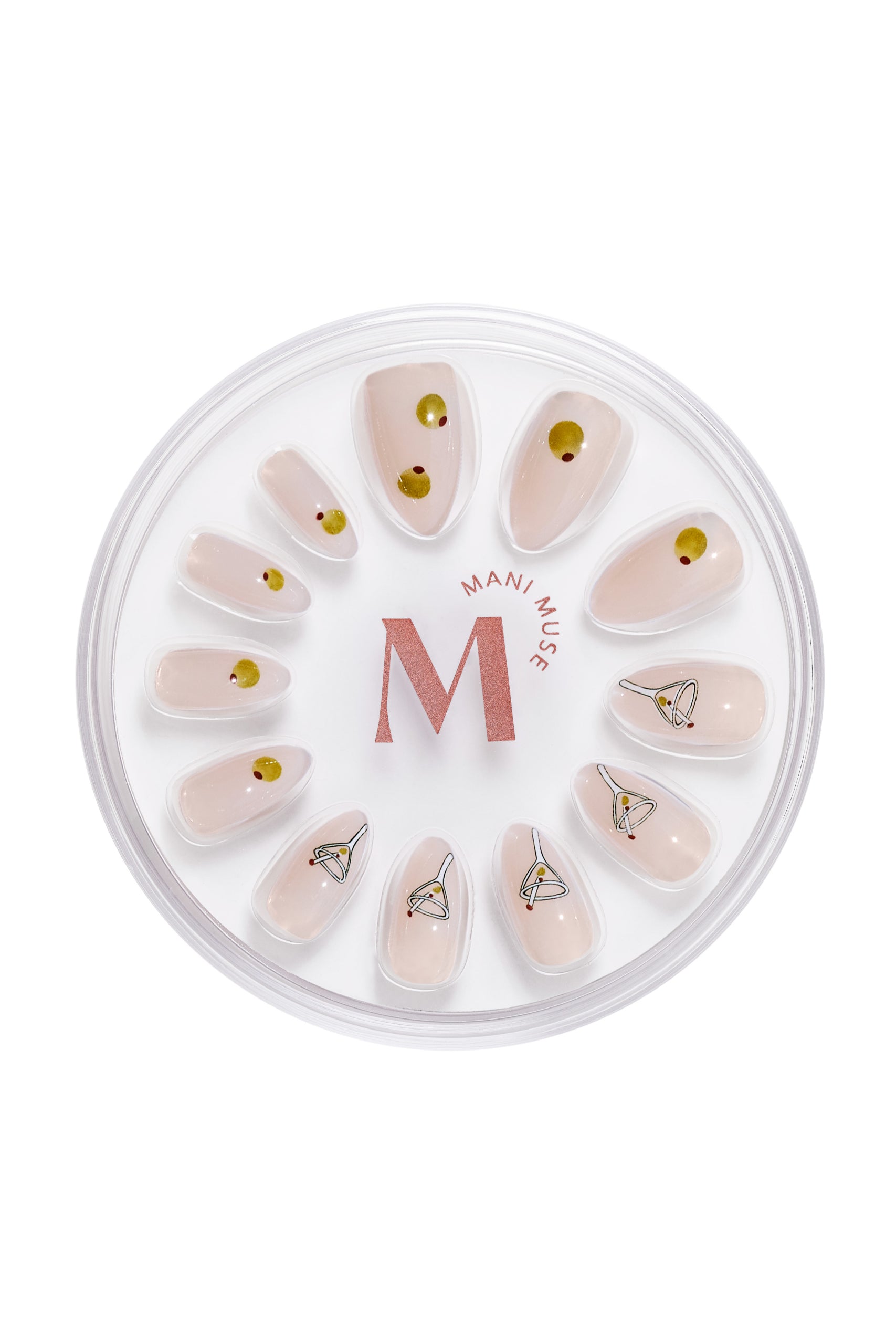 Tini Bit Tipsy nude press-on nails with martini art by Mani Muse, on white background.