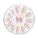 Upsy-Daisy yellow french tips with daisy accents press-on nails by Mani Muse, on white background.
