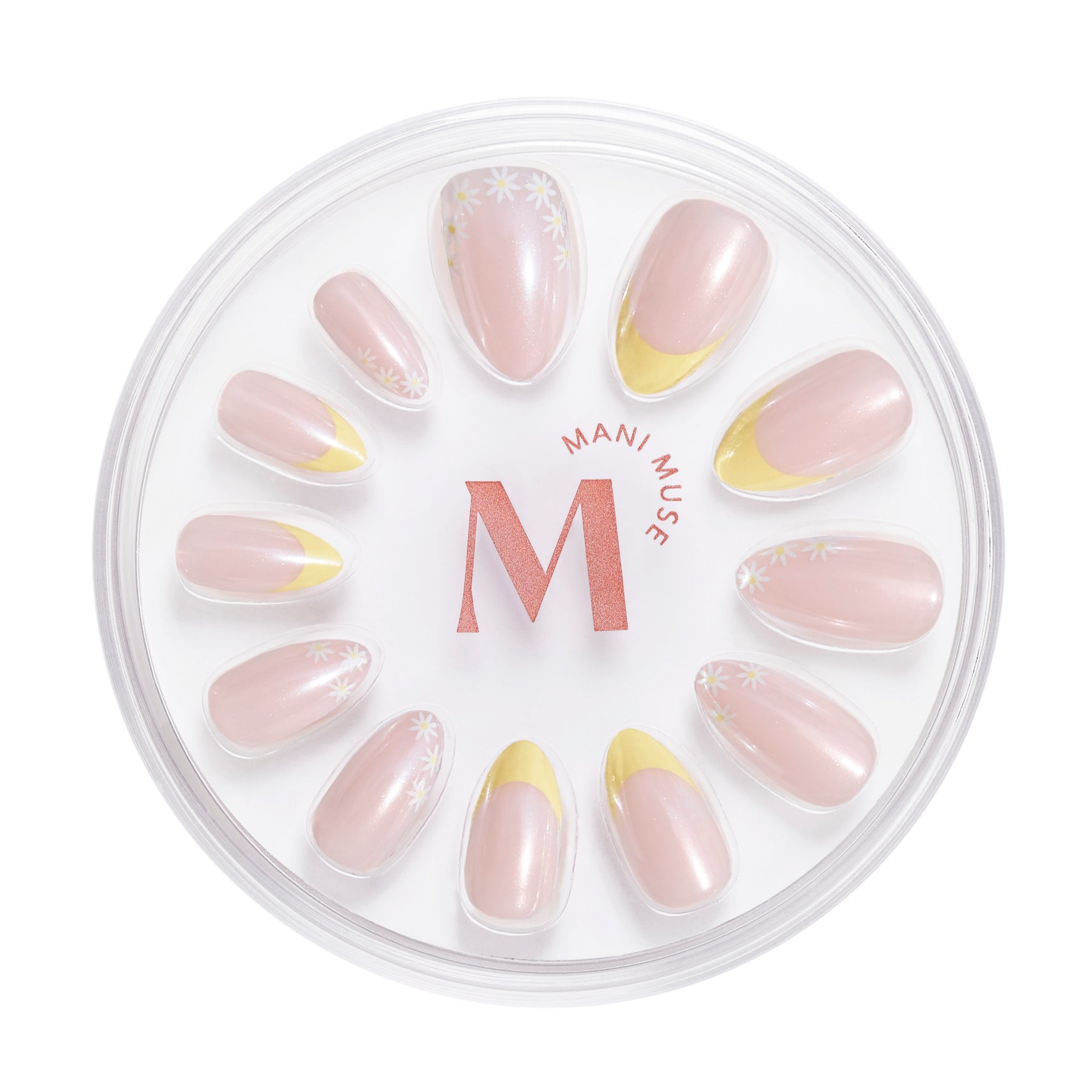 Upsy-Daisy yellow french tips with daisy accents press-on nails by Mani Muse, on white background.