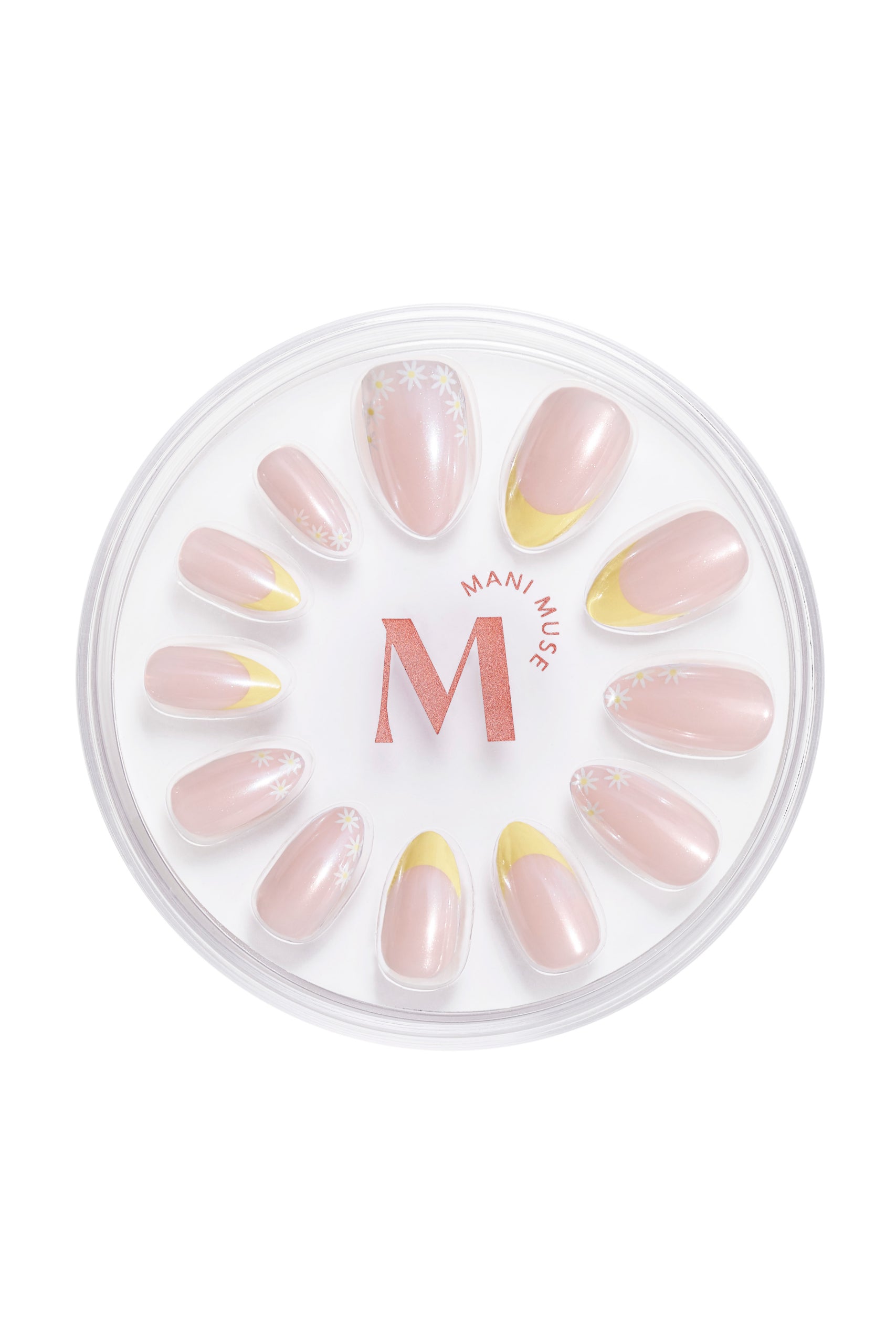 Upsy-Daisy yellow french tips with daisy accents press-on nails by Mani Muse, on white background.