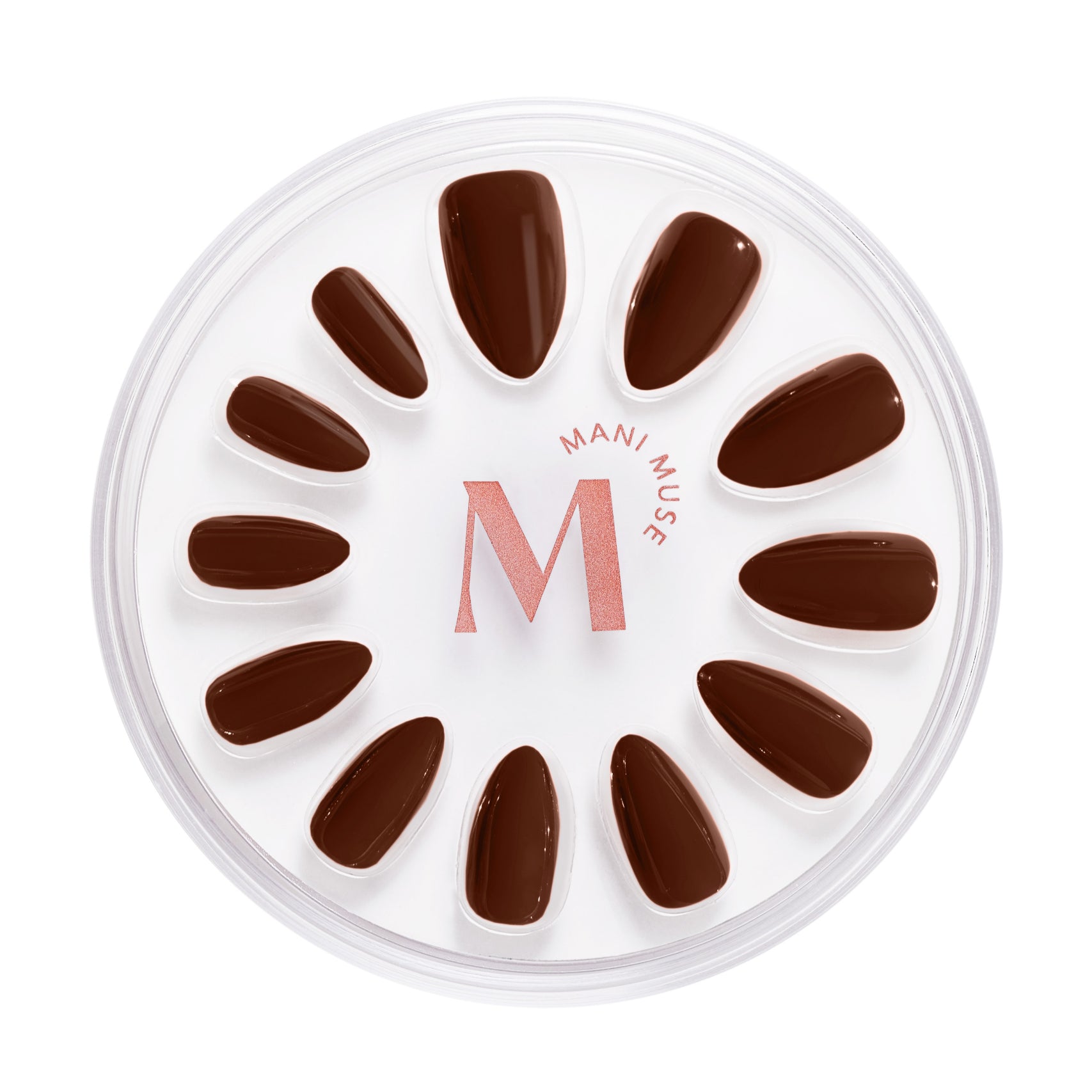 Your Favorite Freddo chocolate press-on nails by Mani Muse, on white background.