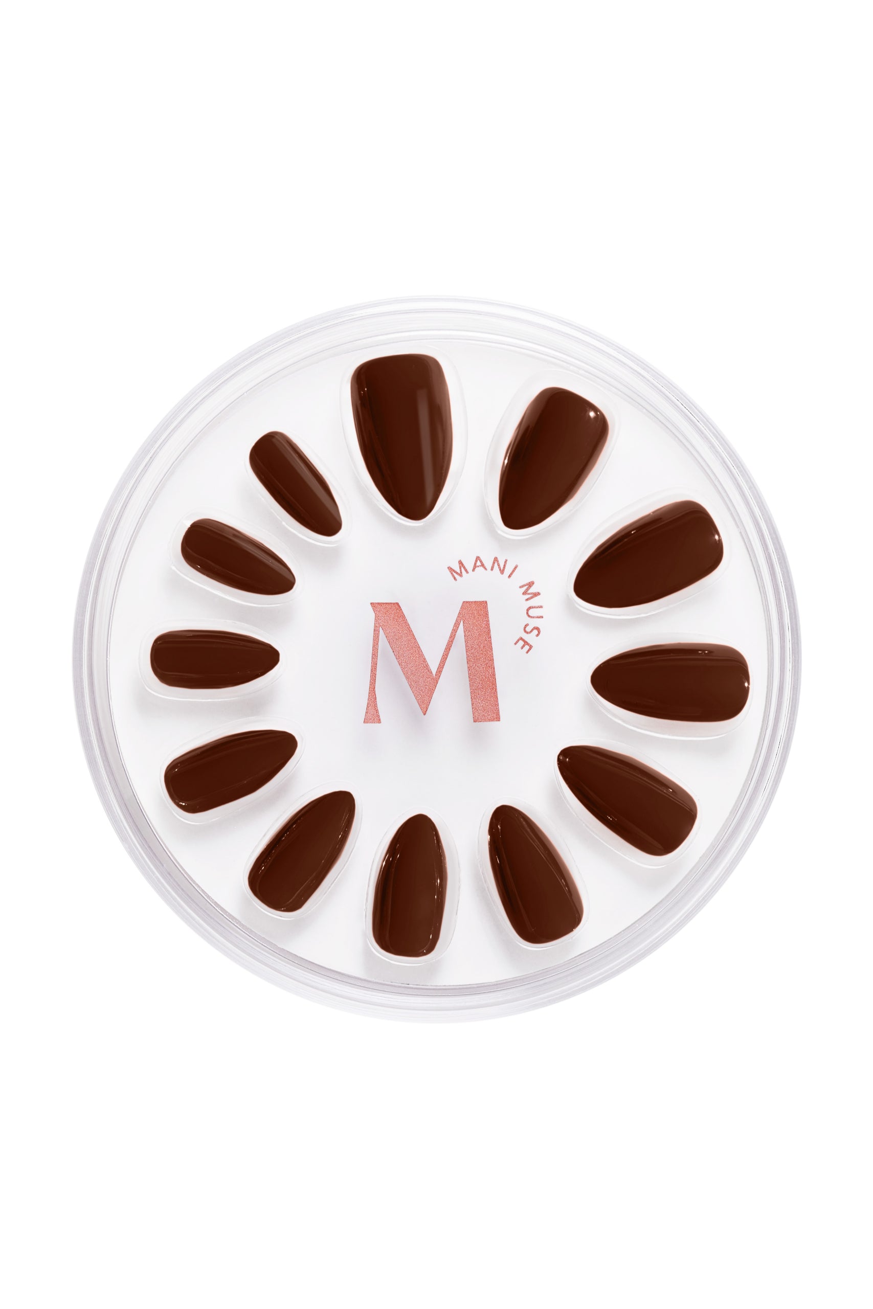 Your Favorite Freddo chocolate press-on nails by Mani Muse, on white background.